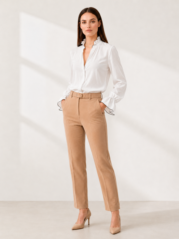 Women’s White Long-Sleeve Zip-Front Blouse