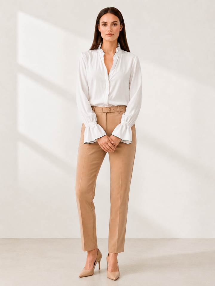 Women’s White Long-Sleeve Zip-Front Blouse