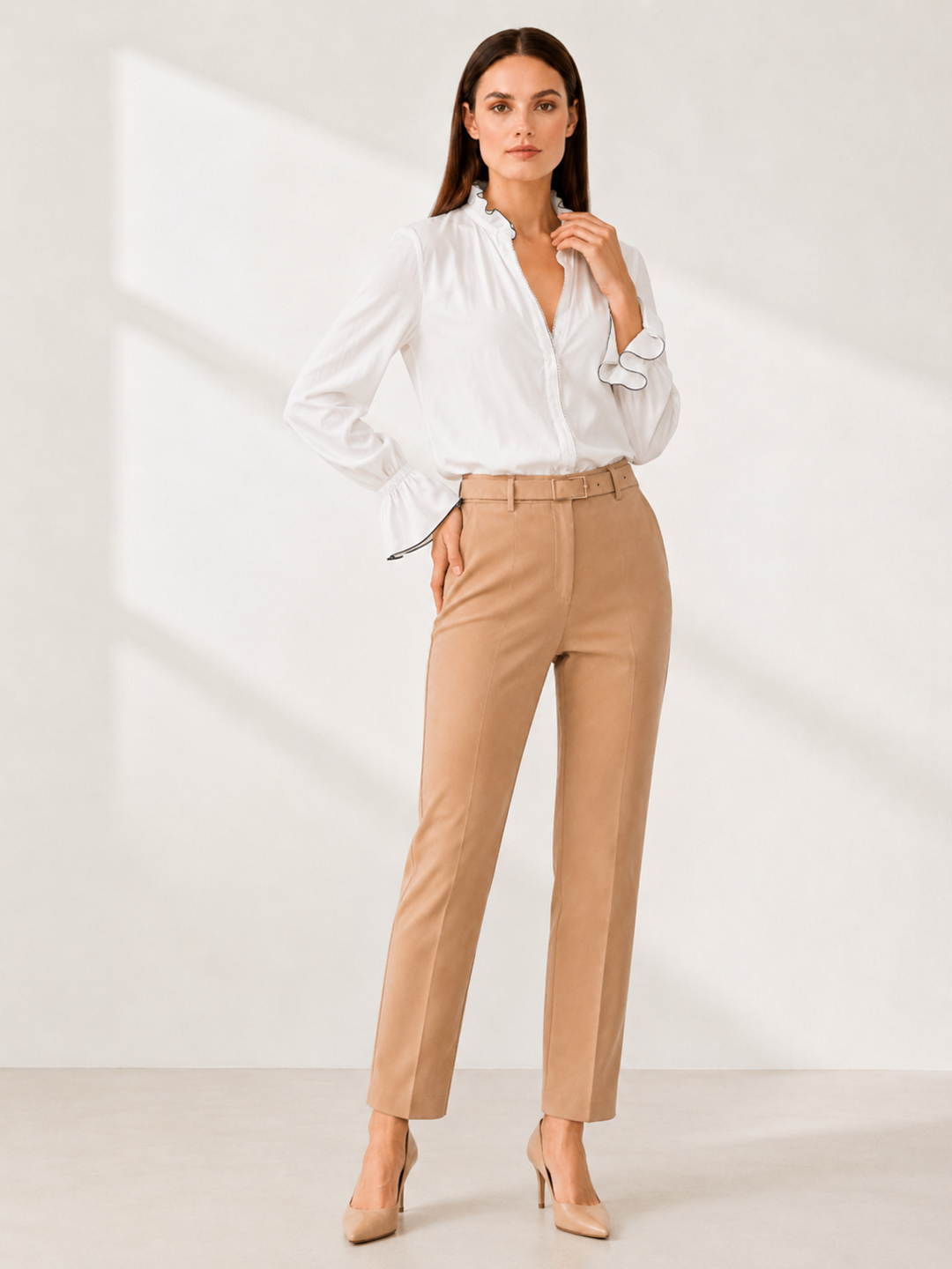 Women’s White Long-Sleeve Zip-Front Blouse