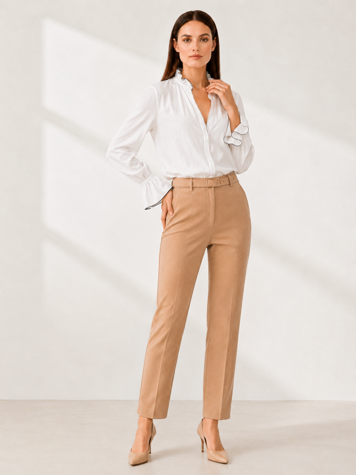 Women’s White Long-Sleeve Zip-Front Blouse