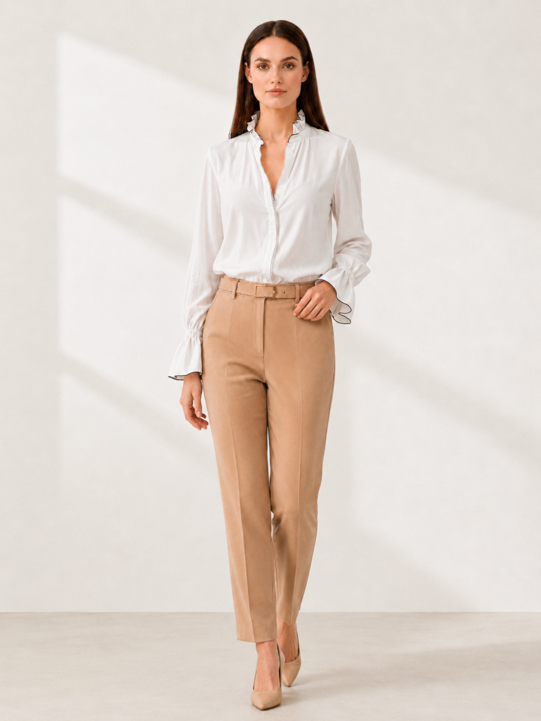 Women’s White Long-Sleeve Zip-Front Blouse