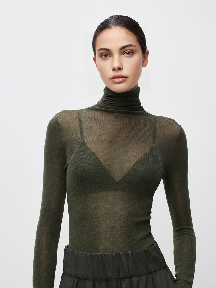 Wool-Blend Turtleneck Sheer Sweater Full